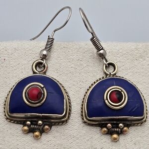 Nepali Tribal Boho Handmade Earrings Tibetan Coral & Lapis Lazuli Ethnic Jewelry